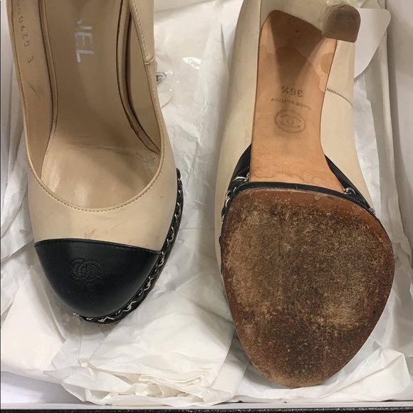Chanel Beige Cap Toe Chain Platform Pumps - Picture 3 of 4